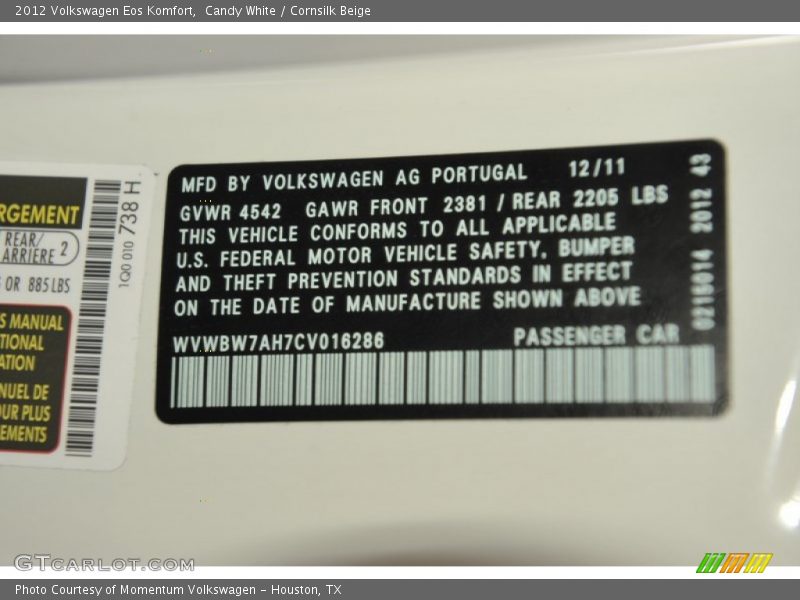 Candy White / Cornsilk Beige 2012 Volkswagen Eos Komfort