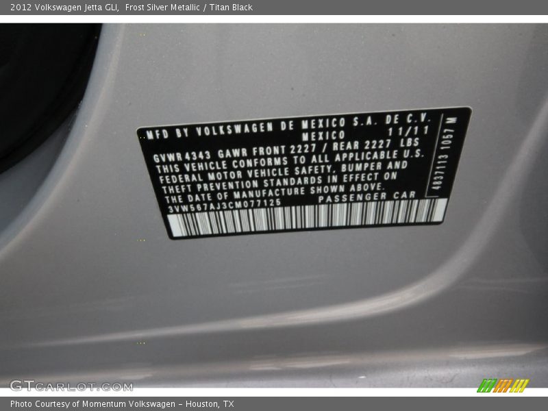 Frost Silver Metallic / Titan Black 2012 Volkswagen Jetta GLI