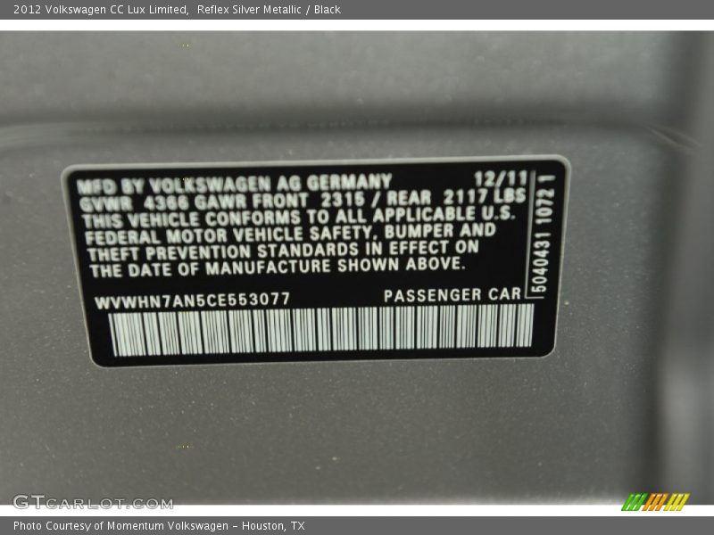 Reflex Silver Metallic / Black 2012 Volkswagen CC Lux Limited