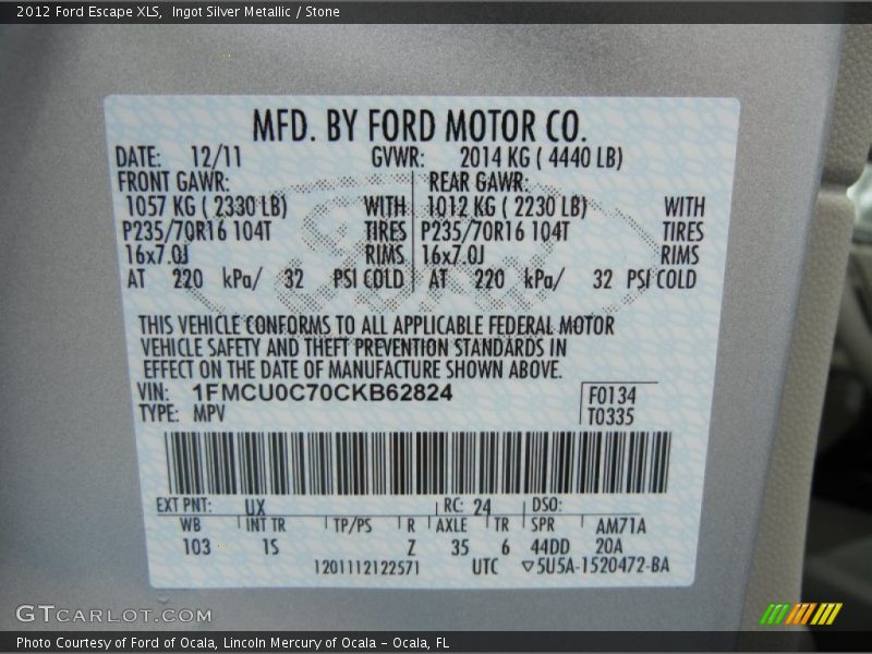 Ingot Silver Metallic / Stone 2012 Ford Escape XLS