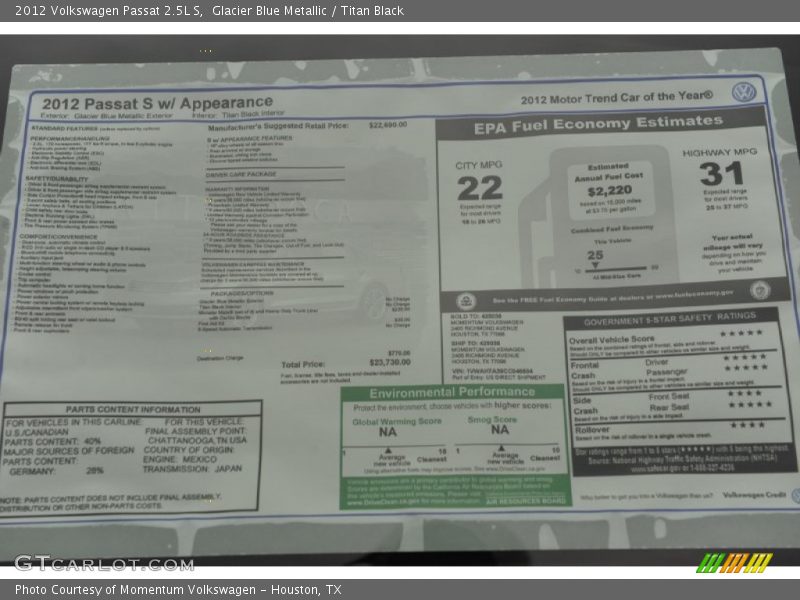 Glacier Blue Metallic / Titan Black 2012 Volkswagen Passat 2.5L S