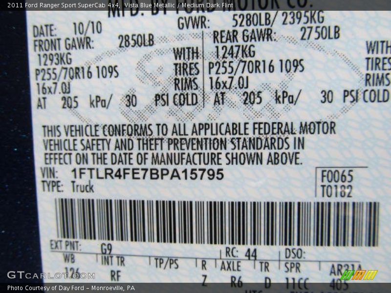 2011 Ranger Sport SuperCab 4x4 Vista Blue Metallic Color Code G9