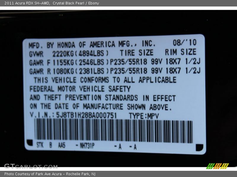 2011 RDX SH-AWD Crystal Black Pearl Color Code NH731P