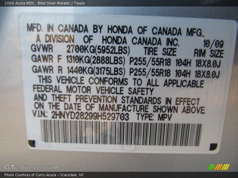 Billet Silver Metallic / Taupe 2009 Acura MDX