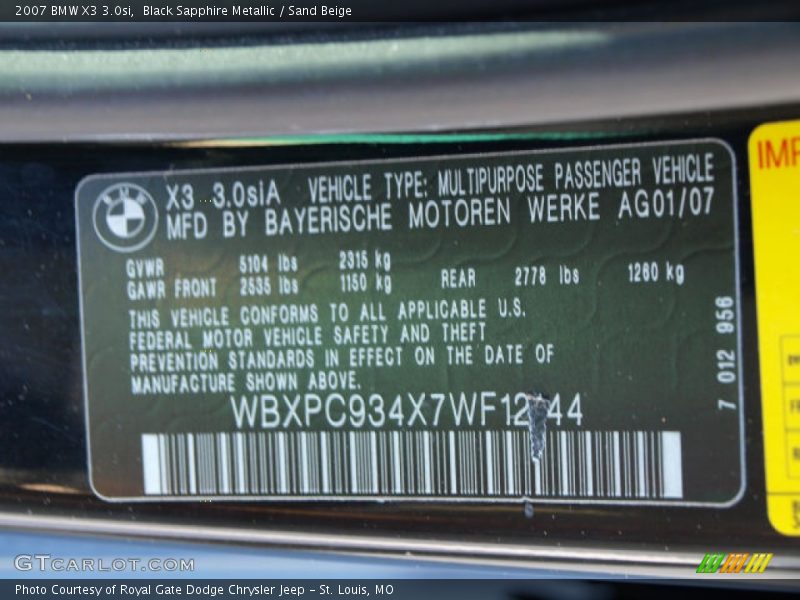 Black Sapphire Metallic / Sand Beige 2007 BMW X3 3.0si
