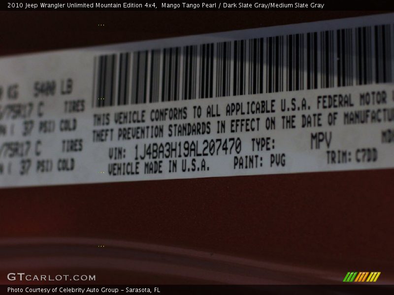 2010 Wrangler Unlimited Mountain Edition 4x4 Mango Tango Pearl Color Code PVG