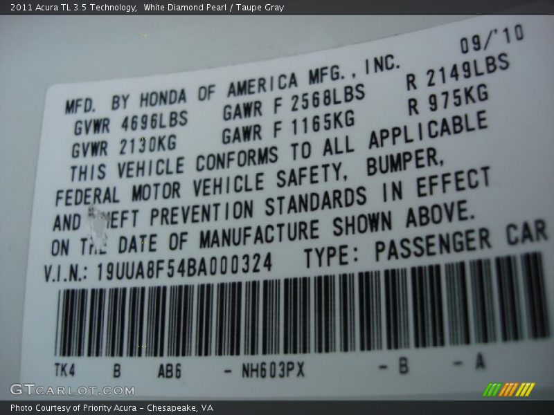 White Diamond Pearl / Taupe Gray 2011 Acura TL 3.5 Technology