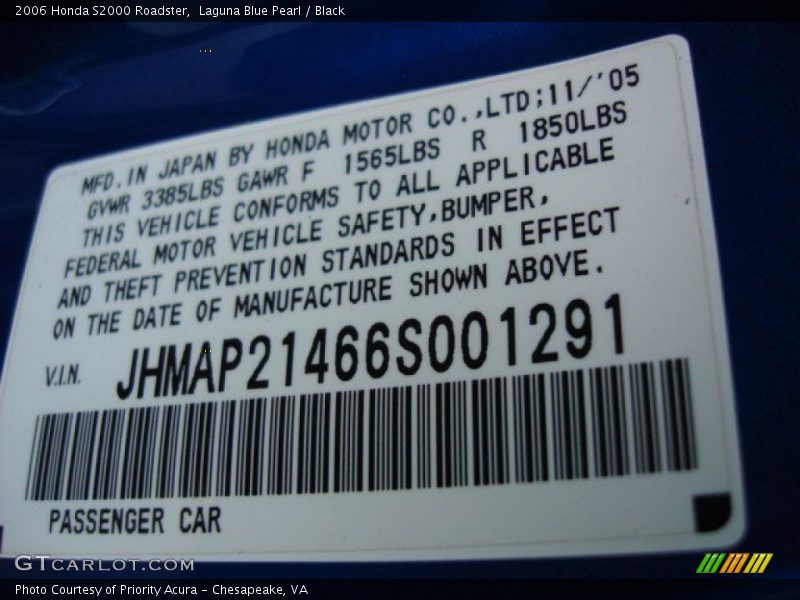 Info Tag of 2006 S2000 Roadster