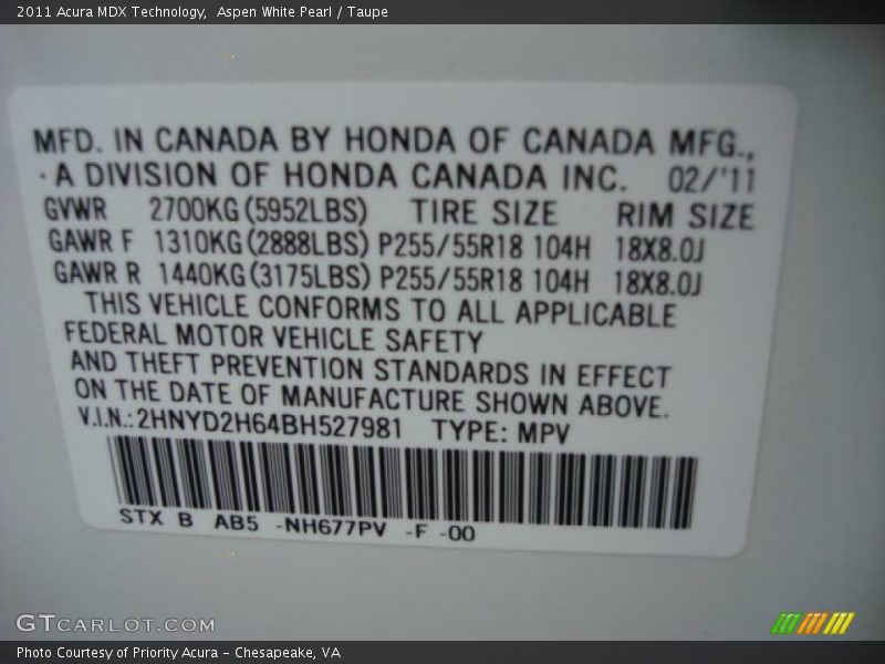Aspen White Pearl / Taupe 2011 Acura MDX Technology