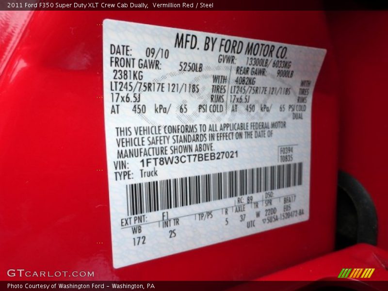 2011 F350 Super Duty XLT Crew Cab Dually Vermillion Red Color Code F1