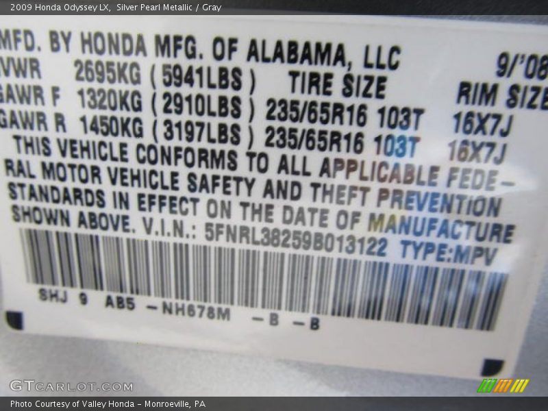 Silver Pearl Metallic / Gray 2009 Honda Odyssey LX