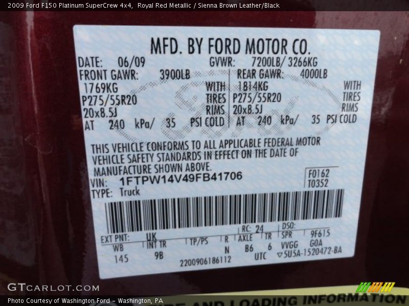 2009 F150 Platinum SuperCrew 4x4 Royal Red Metallic Color Code UK