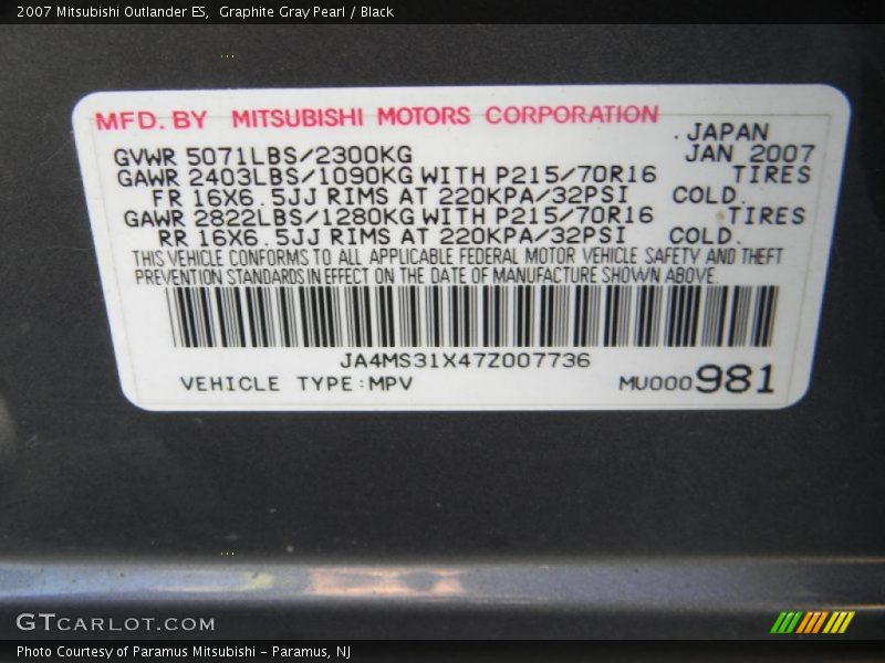 Graphite Gray Pearl / Black 2007 Mitsubishi Outlander ES