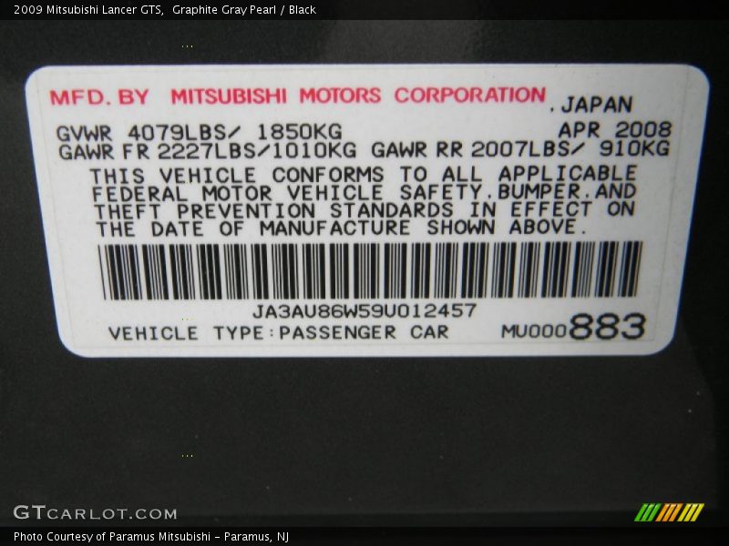 Graphite Gray Pearl / Black 2009 Mitsubishi Lancer GTS