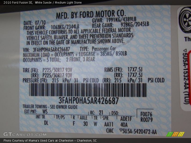 2010 Fusion SE White Suede Color Code WS