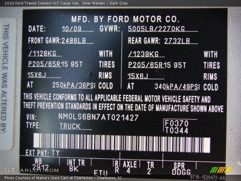 2010 Transit Connect XLT Cargo Van Silver Metallic Color Code TY