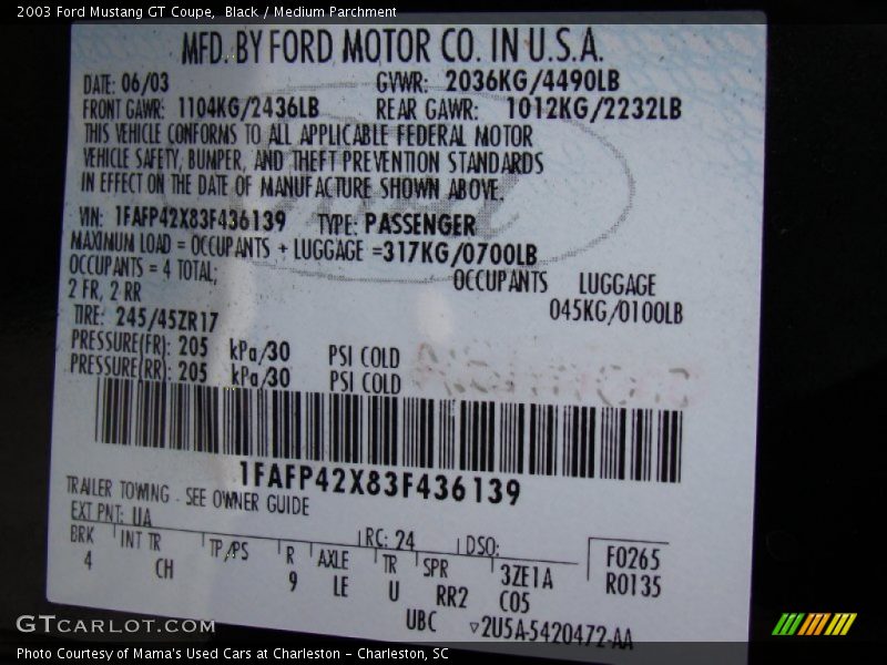 2003 Mustang GT Coupe Black Color Code UA