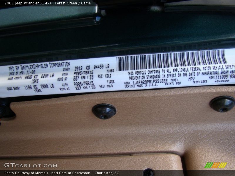 Forest Green / Camel 2001 Jeep Wrangler SE 4x4