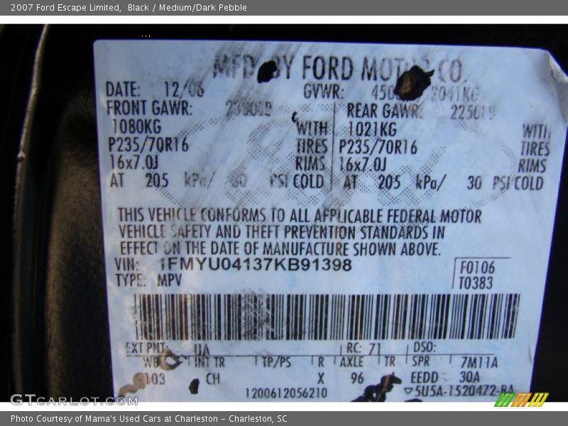 Black / Medium/Dark Pebble 2007 Ford Escape Limited