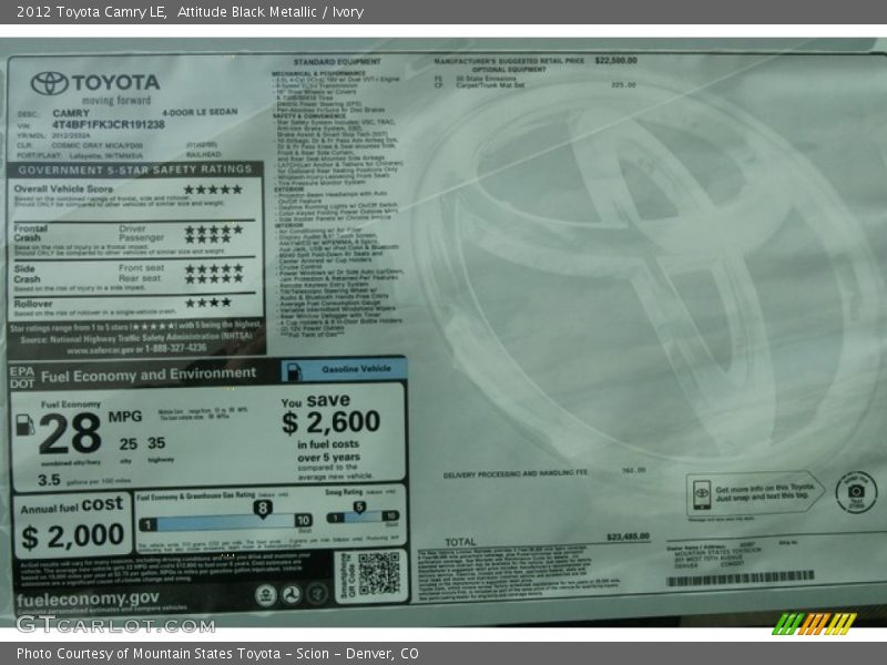 Attitude Black Metallic / Ivory 2012 Toyota Camry LE