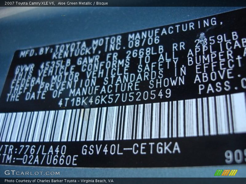 2007 Camry XLE V6 Aloe Green Metallic Color Code 776