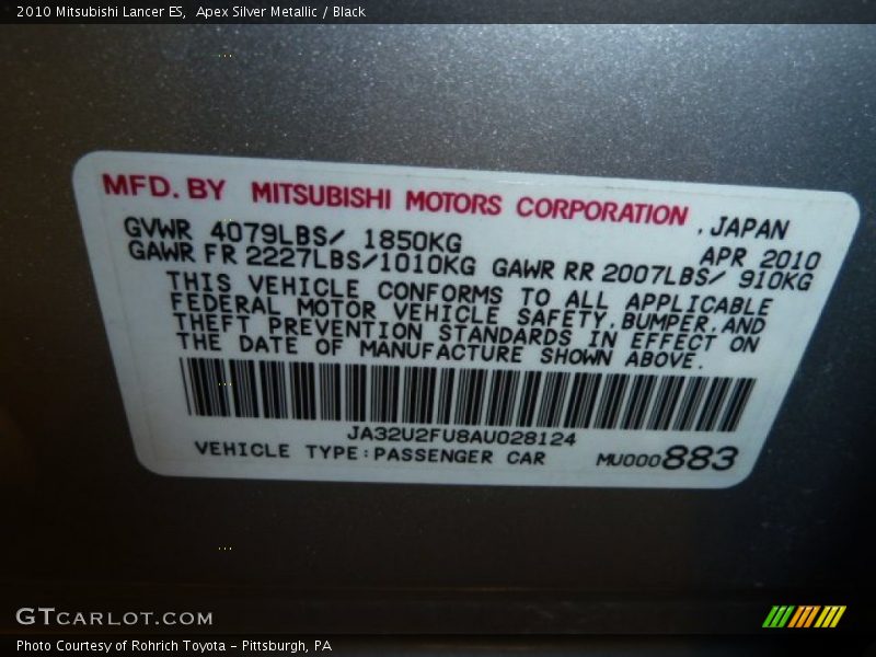 Apex Silver Metallic / Black 2010 Mitsubishi Lancer ES