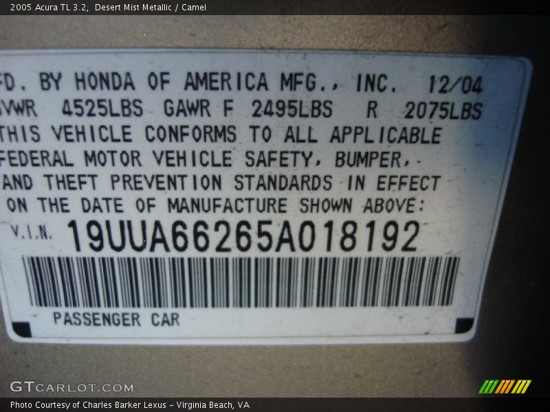 Desert Mist Metallic / Camel 2005 Acura TL 3.2
