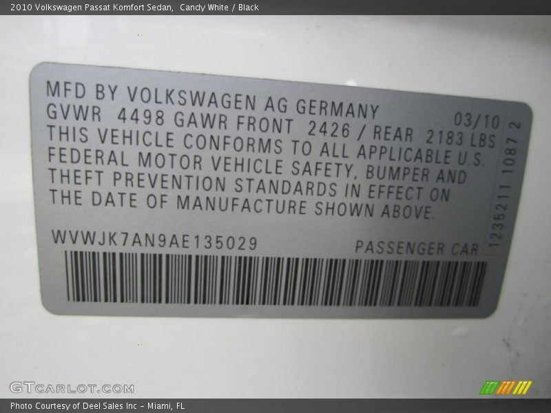 Candy White / Black 2010 Volkswagen Passat Komfort Sedan