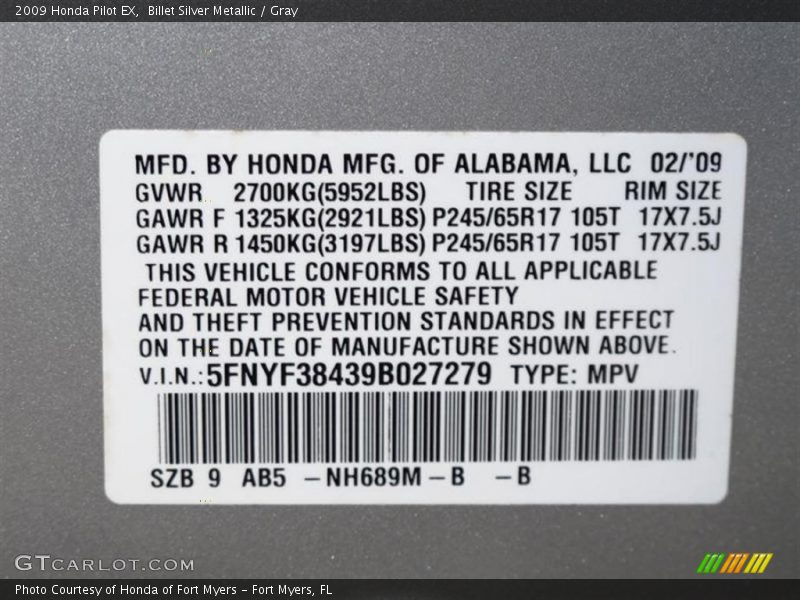Billet Silver Metallic / Gray 2009 Honda Pilot EX