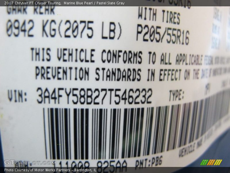 2007 PT Cruiser Touring Marine Blue Pearl Color Code PB6