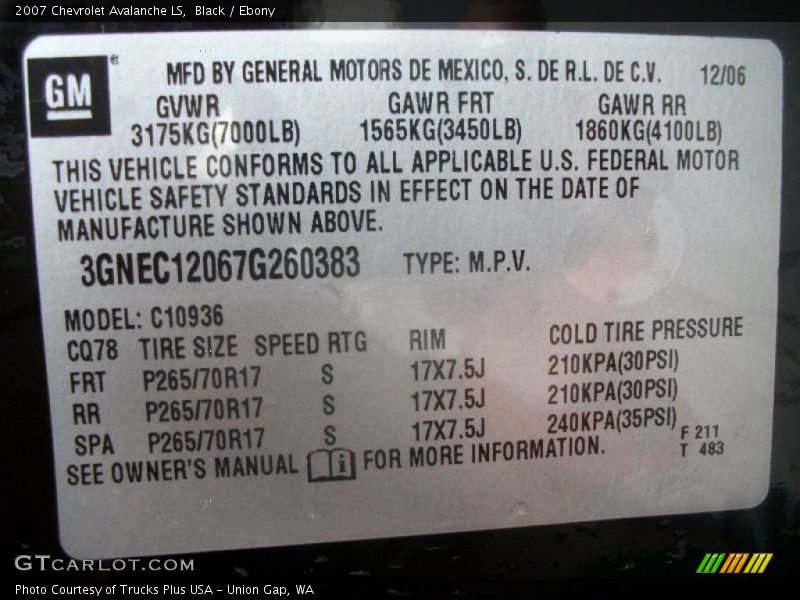 Black / Ebony 2007 Chevrolet Avalanche LS