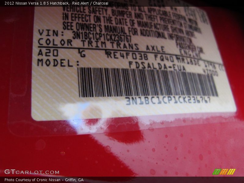 Red Alert / Charcoal 2012 Nissan Versa 1.8 S Hatchback