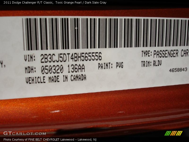 Toxic Orange Pearl / Dark Slate Gray 2011 Dodge Challenger R/T Classic