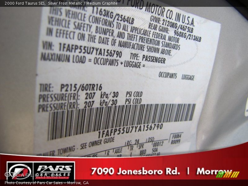 Silver Frost Metallic / Medium Graphite 2000 Ford Taurus SES