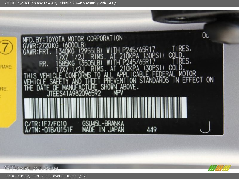 Classic Silver Metallic / Ash Gray 2008 Toyota Highlander 4WD