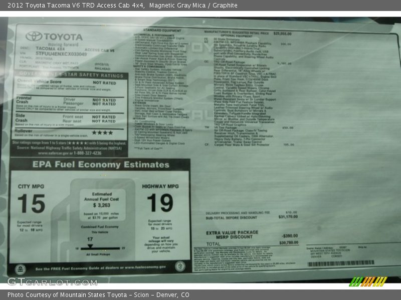  2012 Tacoma V6 TRD Access Cab 4x4 Window Sticker