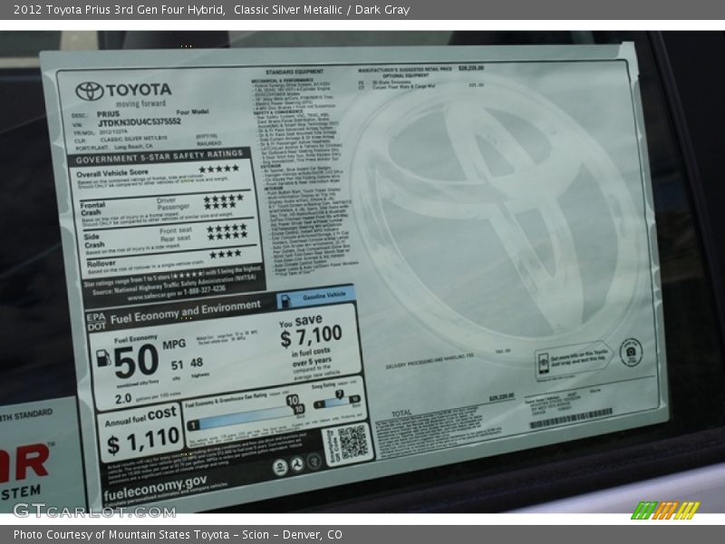  2012 Prius 3rd Gen Four Hybrid Window Sticker