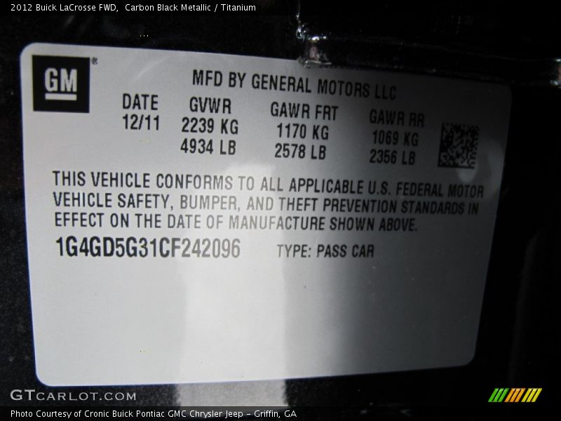 Carbon Black Metallic / Titanium 2012 Buick LaCrosse FWD