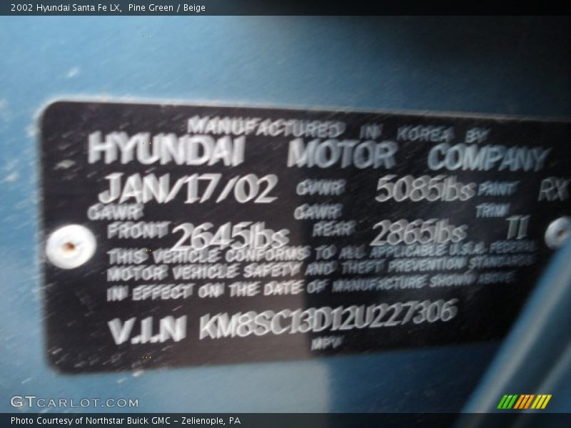 2002 Santa Fe LX Pine Green Color Code RX