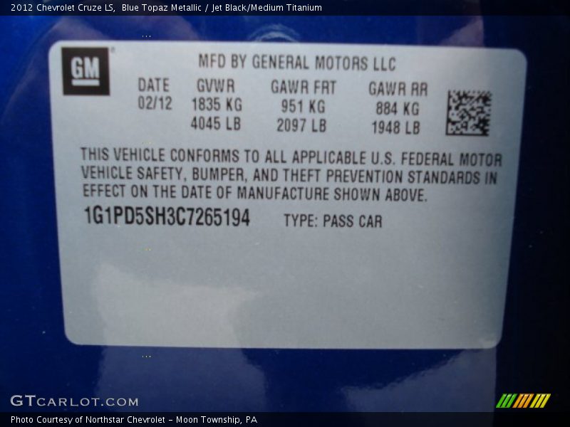 Blue Topaz Metallic / Jet Black/Medium Titanium 2012 Chevrolet Cruze LS
