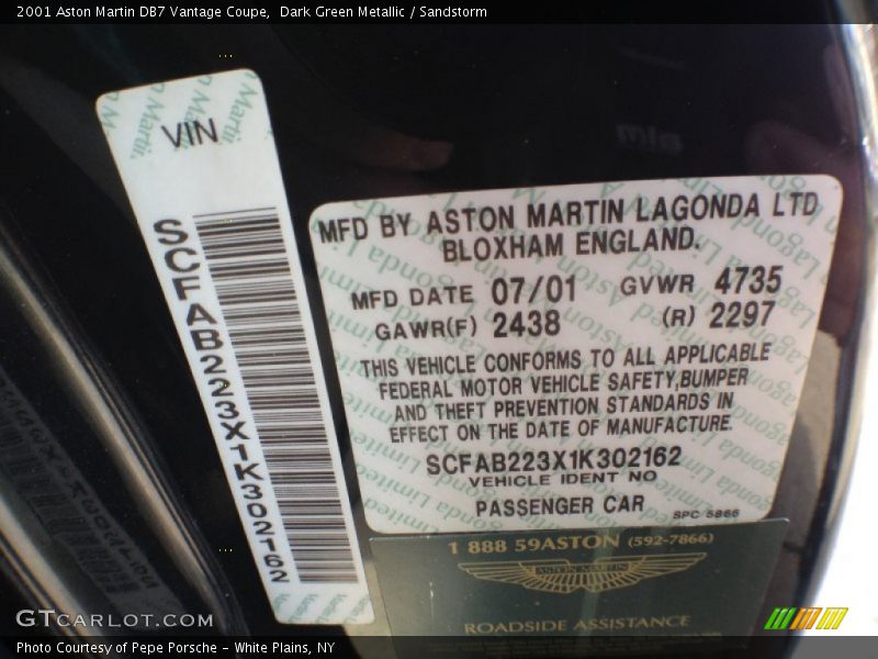 Info Tag of 2001 DB7 Vantage Coupe