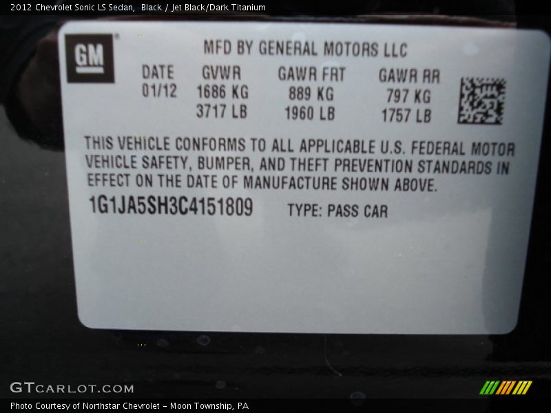 Black / Jet Black/Dark Titanium 2012 Chevrolet Sonic LS Sedan