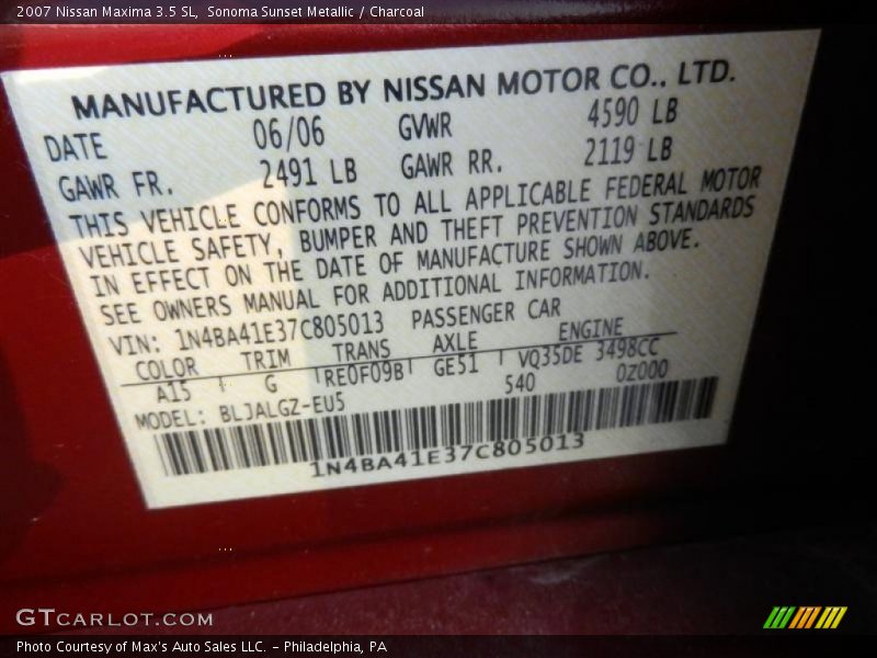 Sonoma Sunset Metallic / Charcoal 2007 Nissan Maxima 3.5 SL