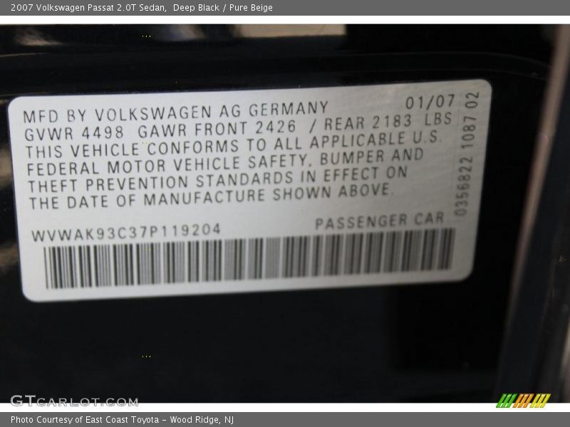 Deep Black / Pure Beige 2007 Volkswagen Passat 2.0T Sedan