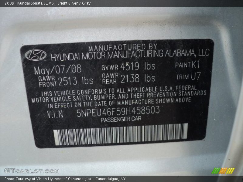2009 Sonata SE V6 Bright Silver Color Code K1