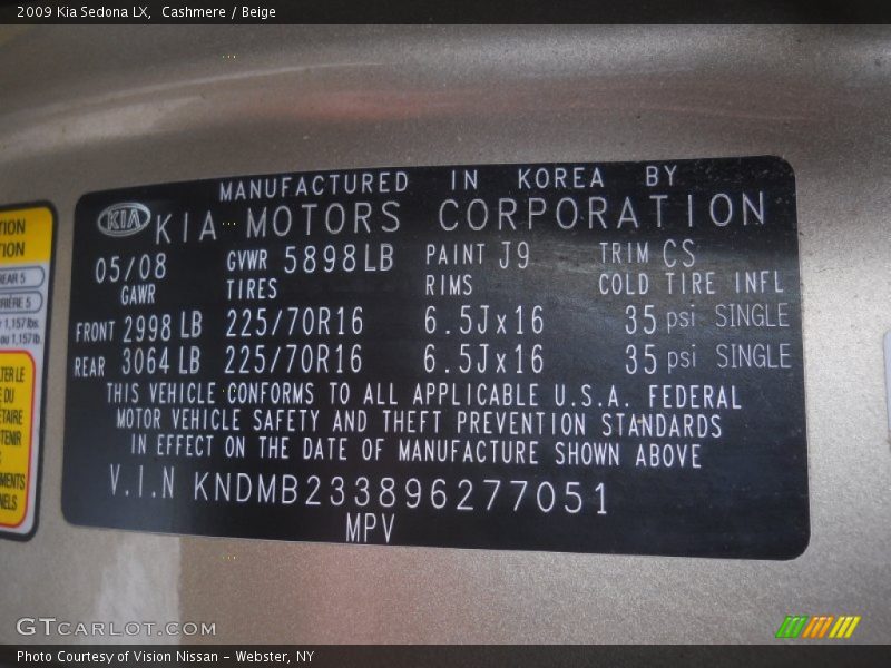 Cashmere / Beige 2009 Kia Sedona LX