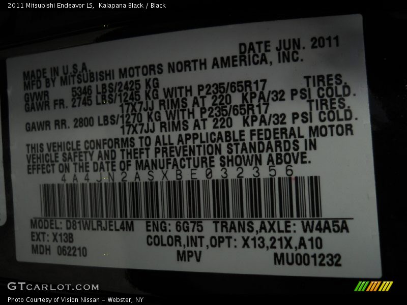 Kalapana Black / Black 2011 Mitsubishi Endeavor LS