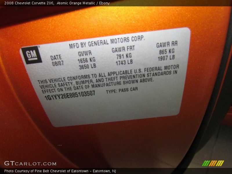 Info Tag of 2008 Corvette Z06