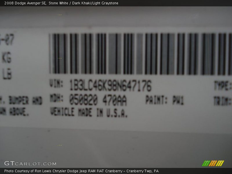 Stone White / Dark Khaki/Light Graystone 2008 Dodge Avenger SE