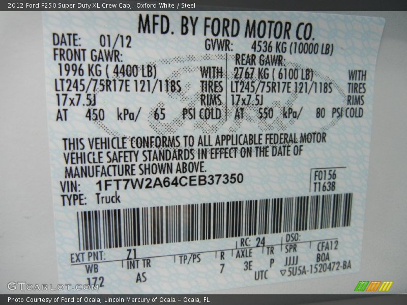 2012 F250 Super Duty XL Crew Cab Oxford White Color Code Z1